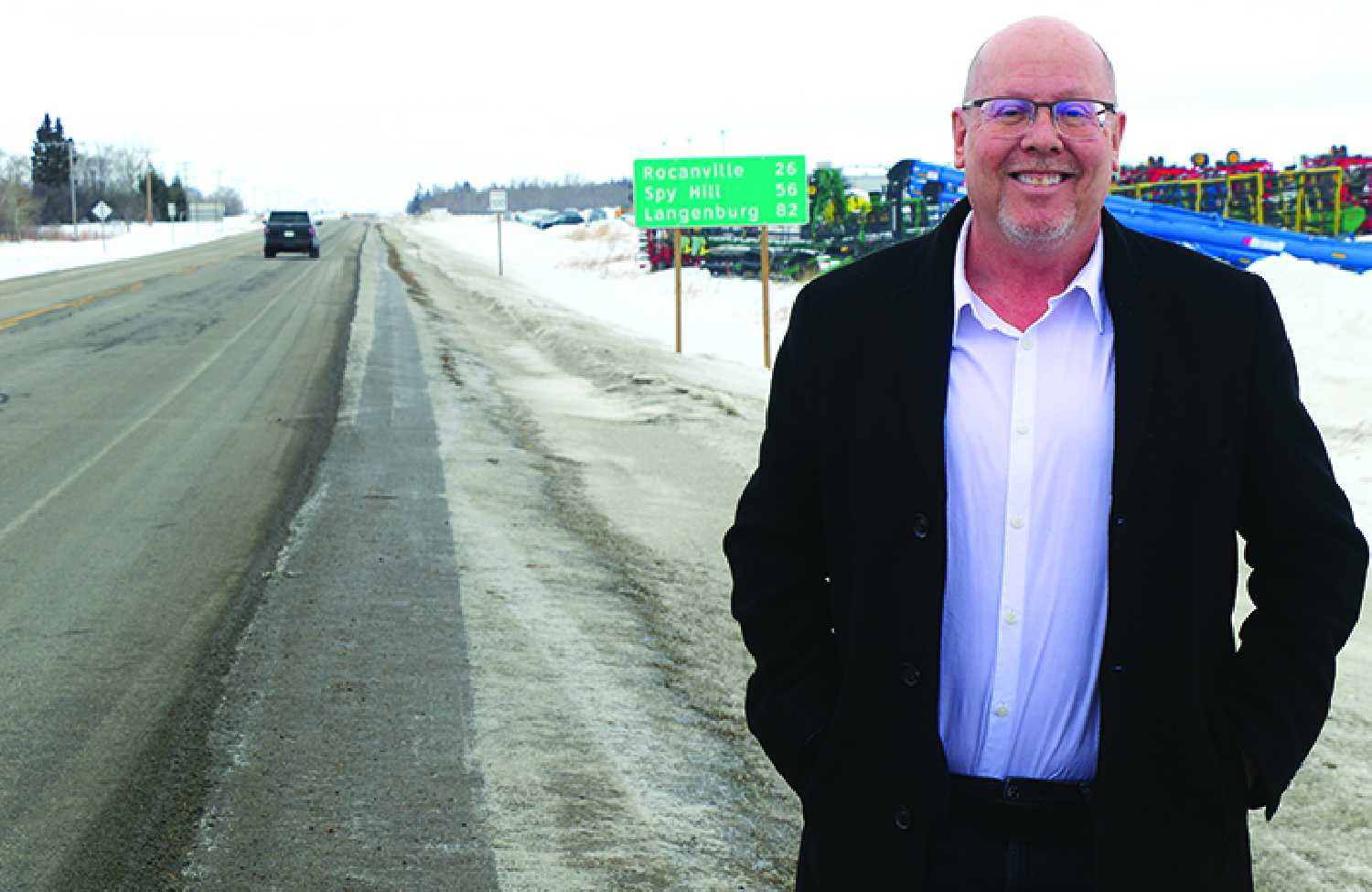 Moosomin-Montmartre MLA Kevin Weedmark standing by Highway 8 just north of Moosomin. Work on the highway starts today.